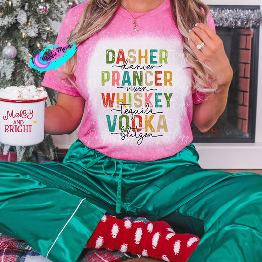 Reindeer name alcohol shirt, Holiday shirt, Christmas, funny,  Bleached Shirts, Shirts for her, graphic tee, plus size, Custom